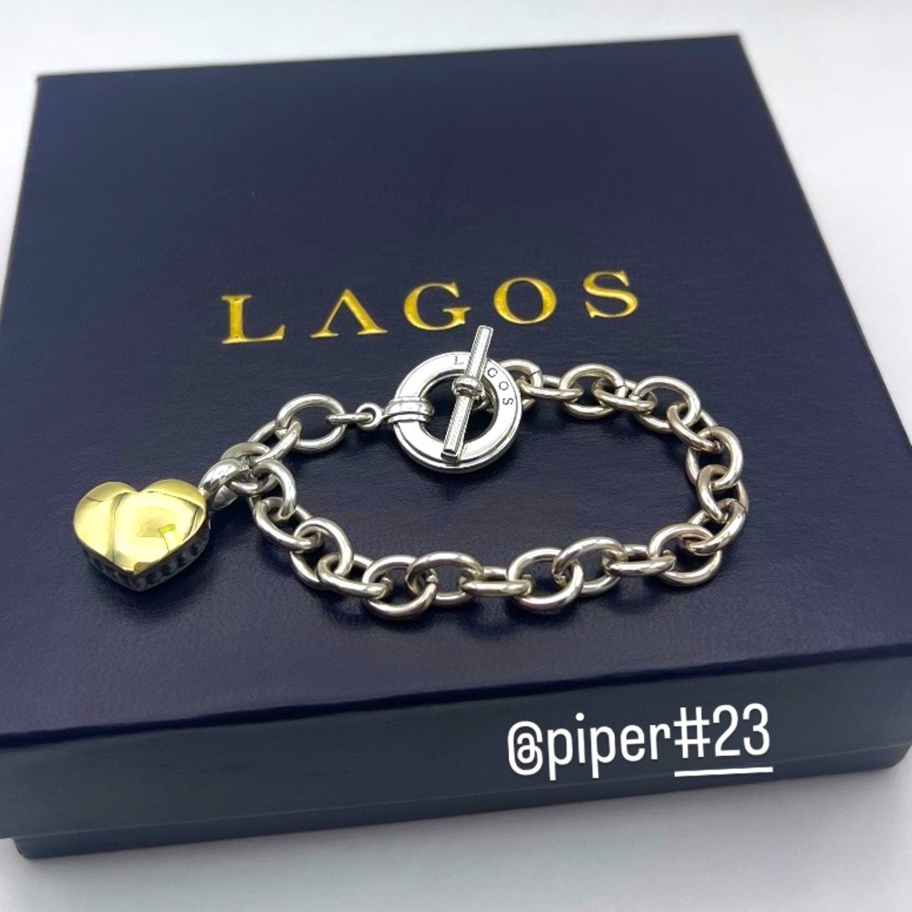 EUC Lagos Caviar Sterling Silver Link Bracelet with 18K Gold Heart Charm